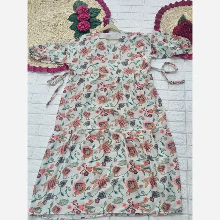 پیراهن فلور نخ بیسکویتی تابستانه نرم فری سایز قد 135