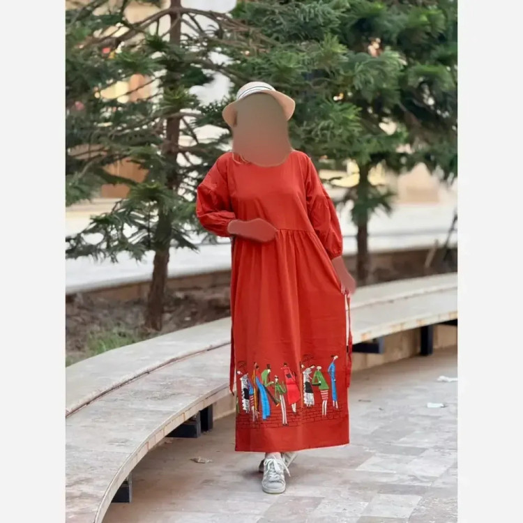 پیراهن لینن زنانه طرح سرخپوستی فری سایز قد 135