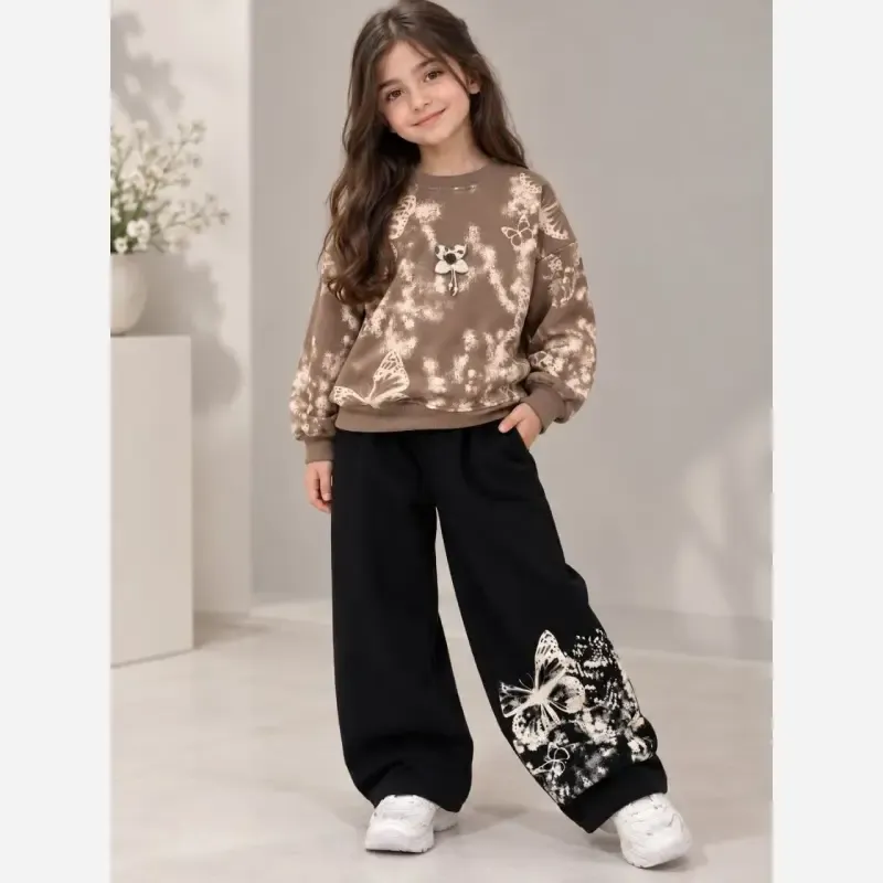 بلوز شلوار دخترانه دورس طرح پروانه رنگ سفید کرم شکلاتی سایز 45 تا 65