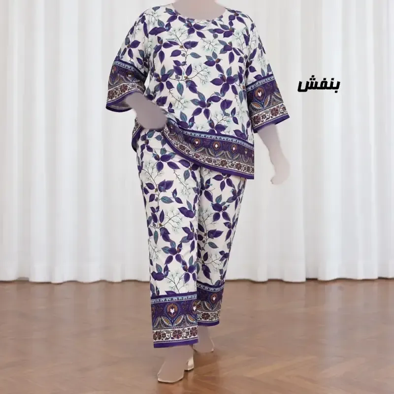 ست بلوز شلوار نخی زنانه و دخترانه فری سایز چهارفصل