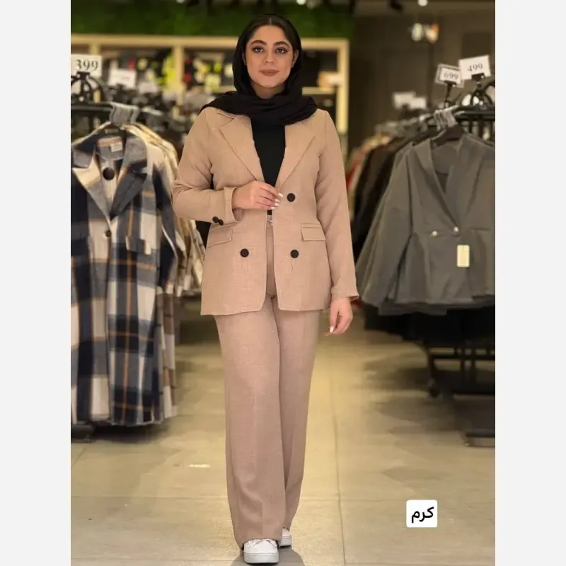 ست کت و شلوار زنانه جنس بابوس رنگ مشکی کرم استخونی سایز 38 تا 46