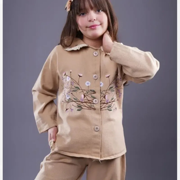 کت و شلوار دخترانه مجلسی و بیرونی کتان سنگشور گلدوزی شده سایز 45 تا 60