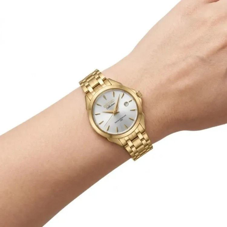 ساعت مچی زنانه سیکو کالکشن طلایی صفحه سفید تقویم دار موتور کوارتز ژاپن